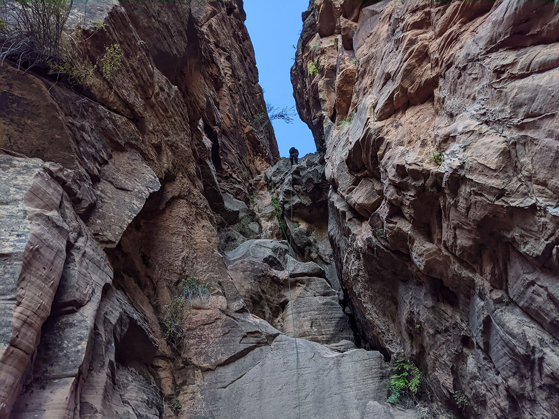 Looking up at Rappel 8, Behunin Canyon