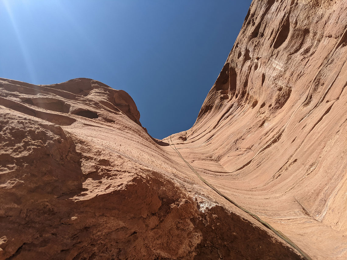 Bottom view of the first rappel in the right fork of Blarney Canyon