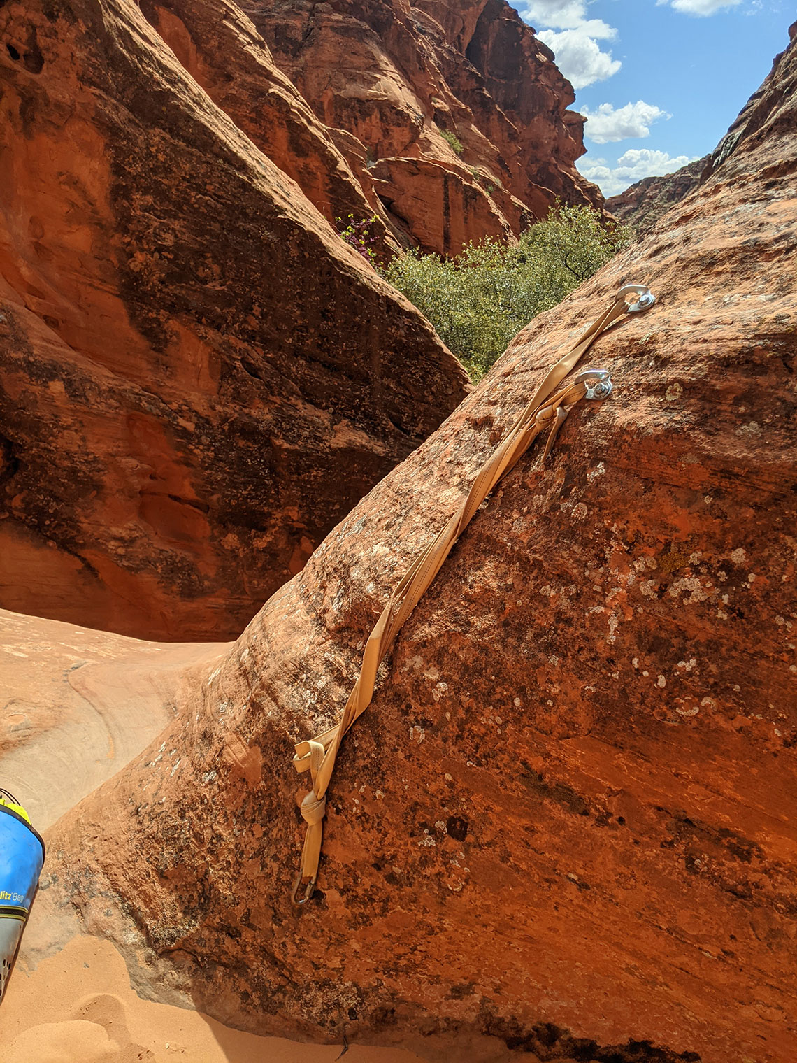 Bolted anchor on rappel 7 in Pictograph Canyon