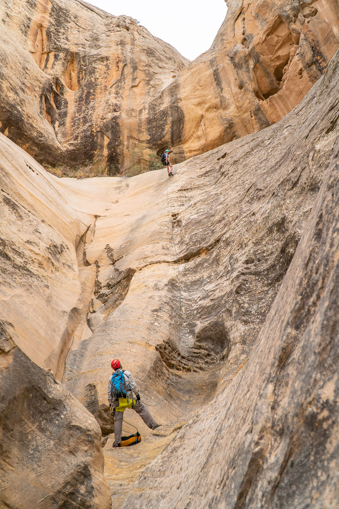 Coming down the second rappel in Wonderland Canyon
