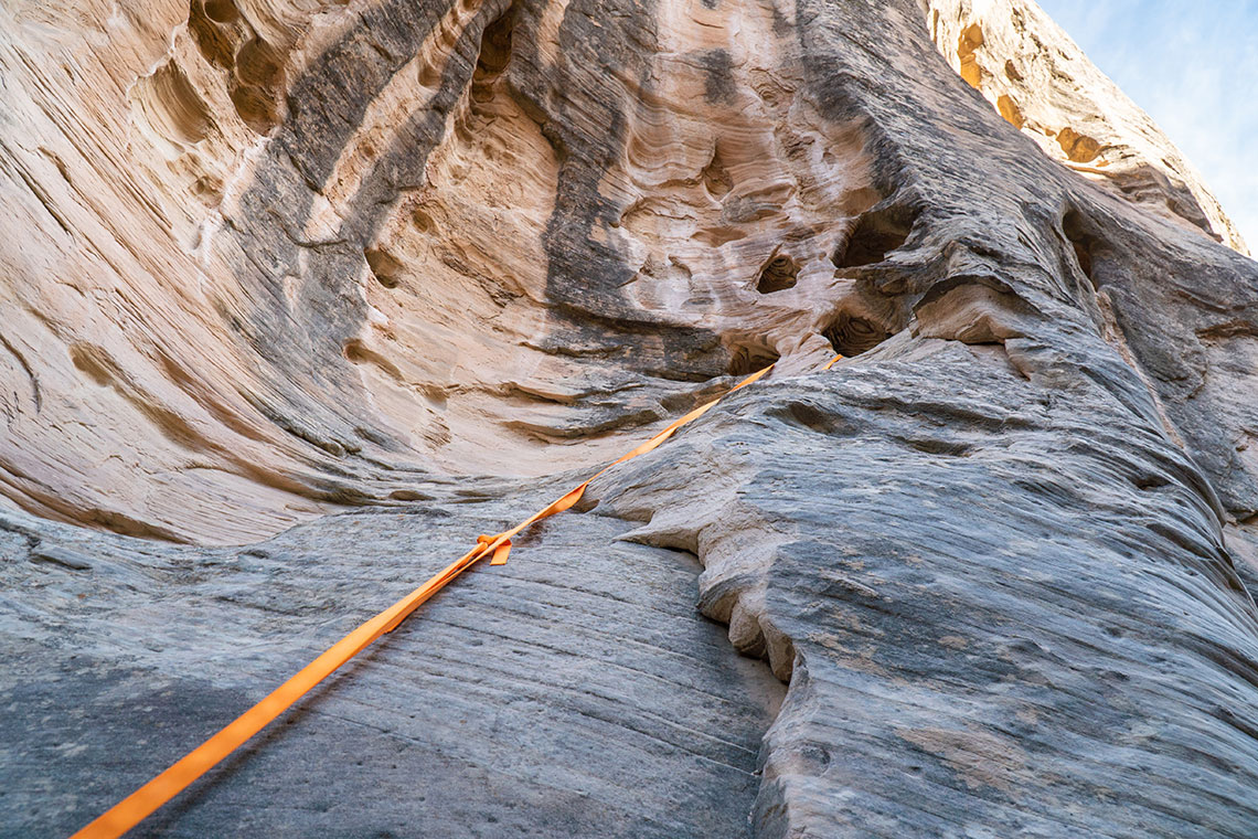 Solution pocket anchor on rappel 4 in Wonderland Canyon