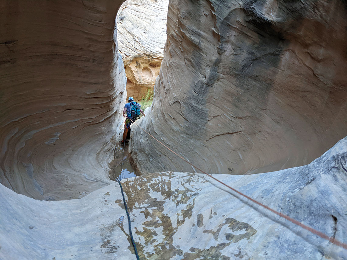 Top view of the last rappel in Wonderland Canyon