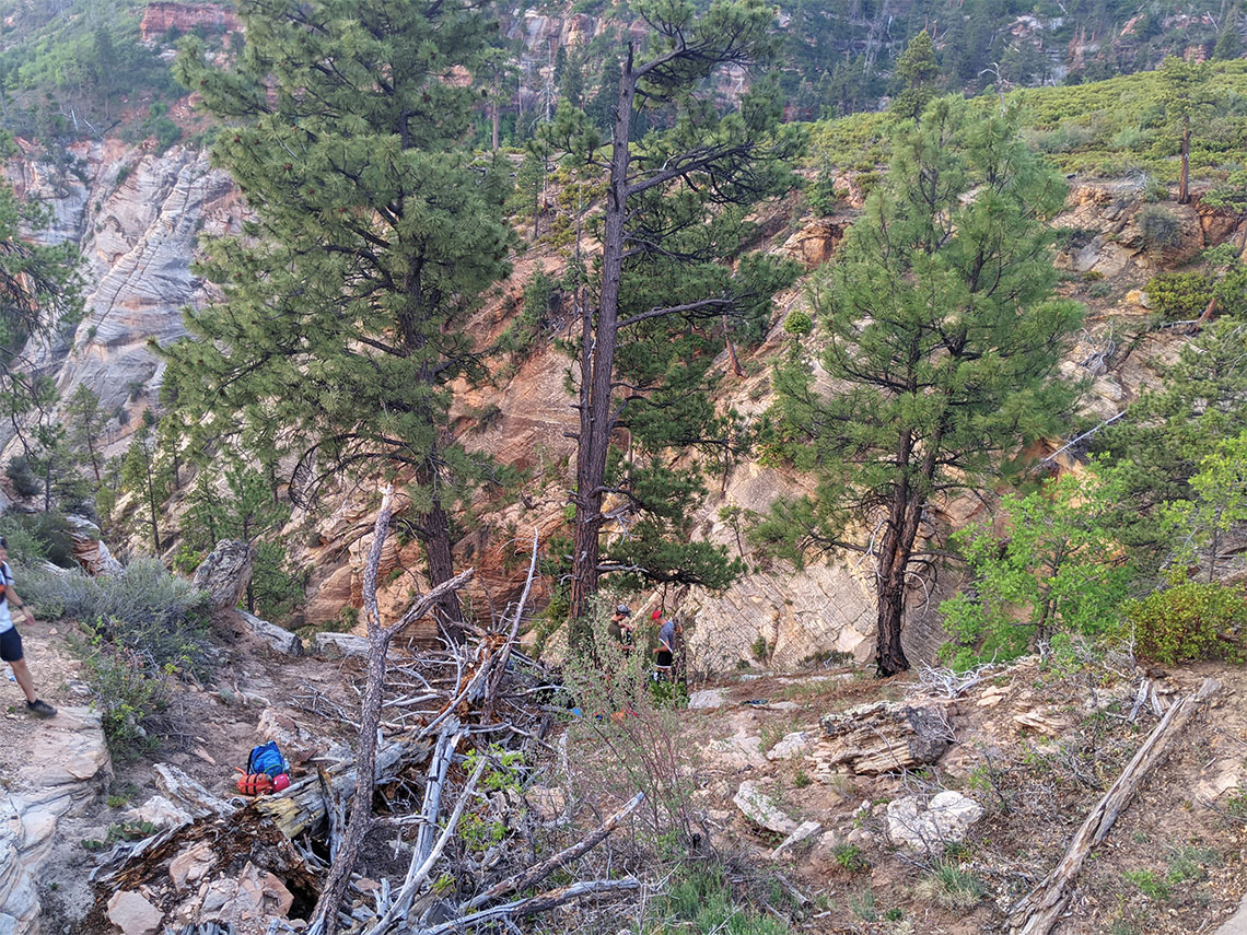 Scrambling down to rappel 1 in Imlay Canyon