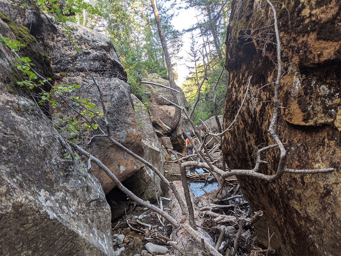 Approaching the first rappel in Pleiades Canyon