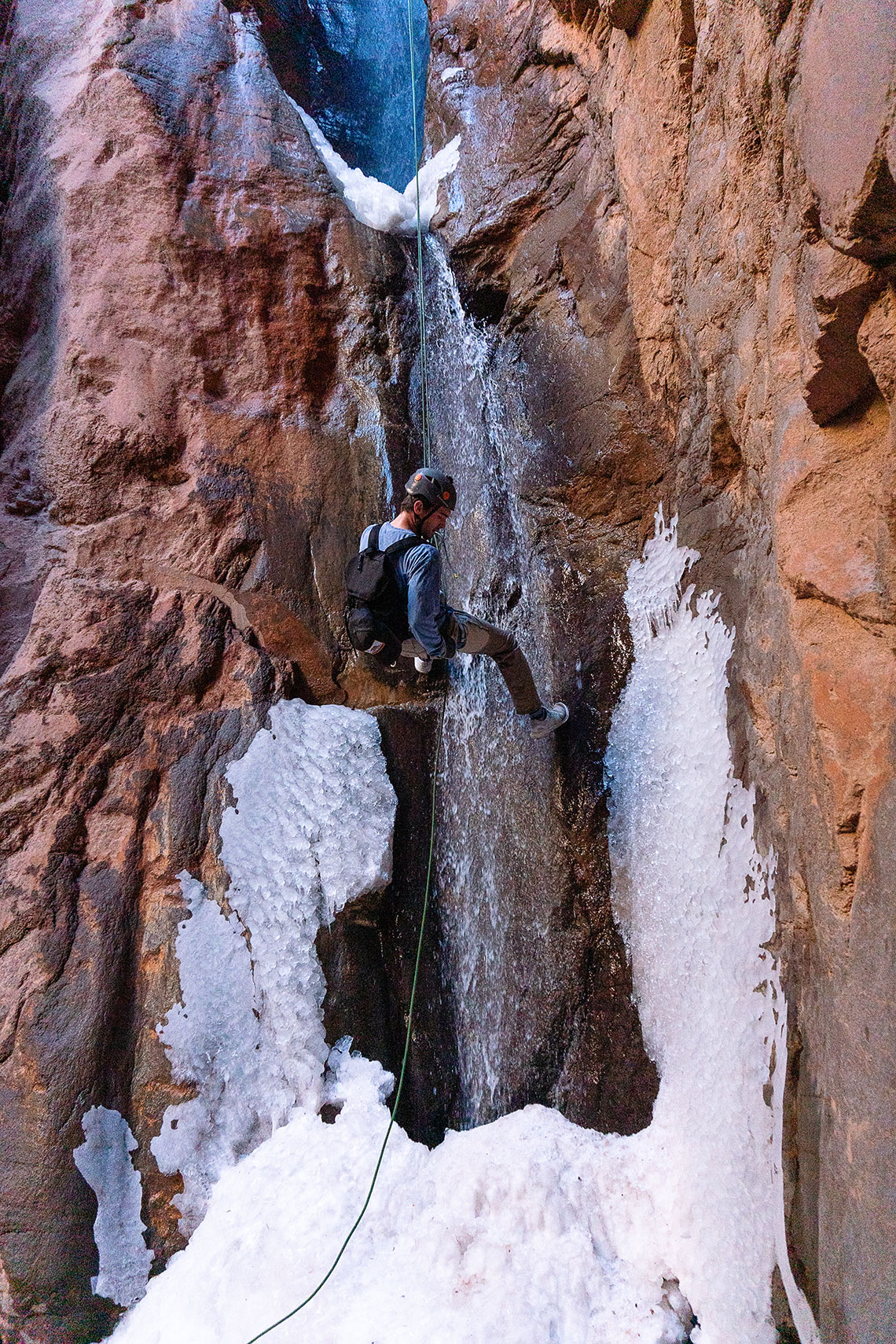 Rappelling the second stage of the first icy rappel