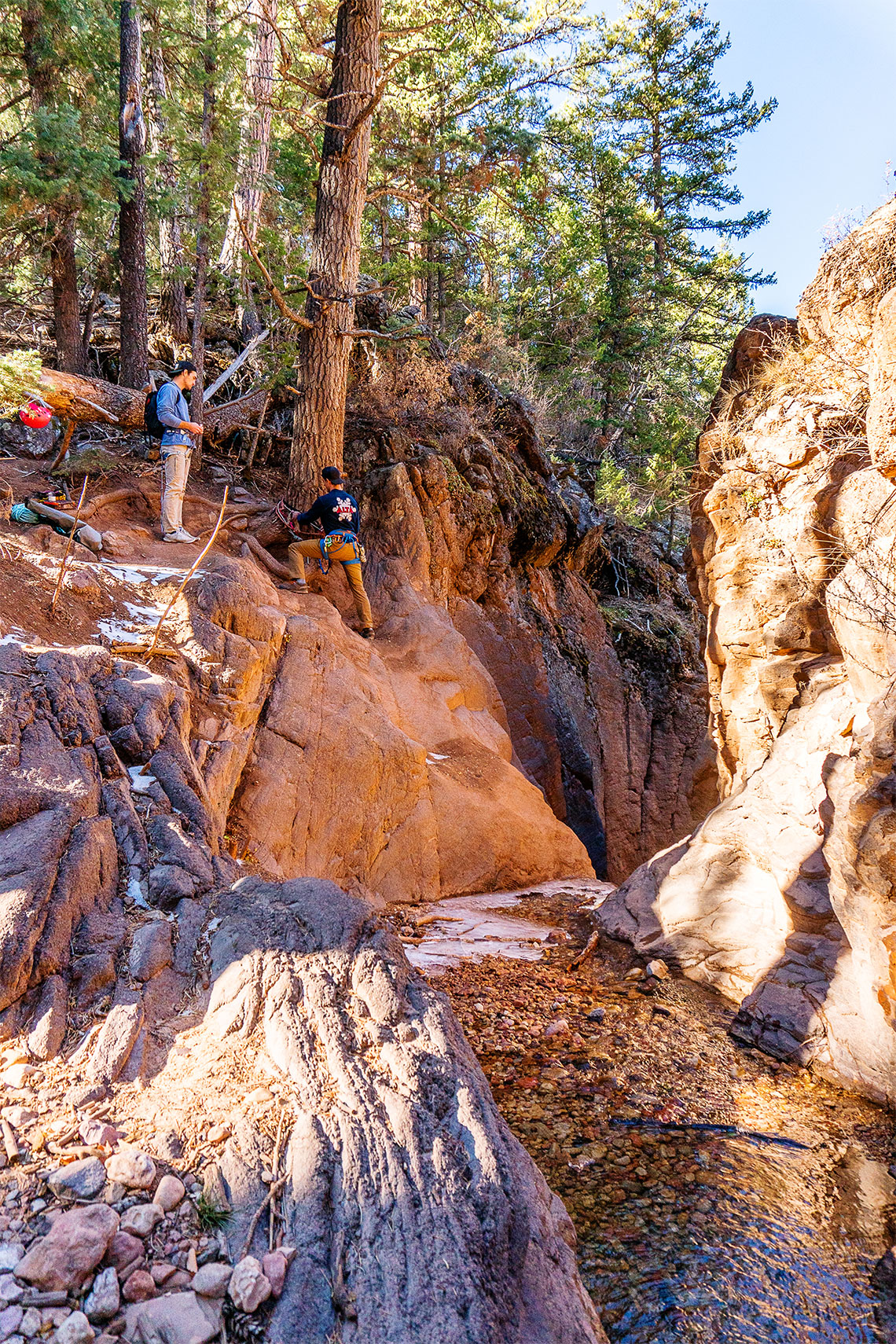 Setting up the first rappel in Benson Creek