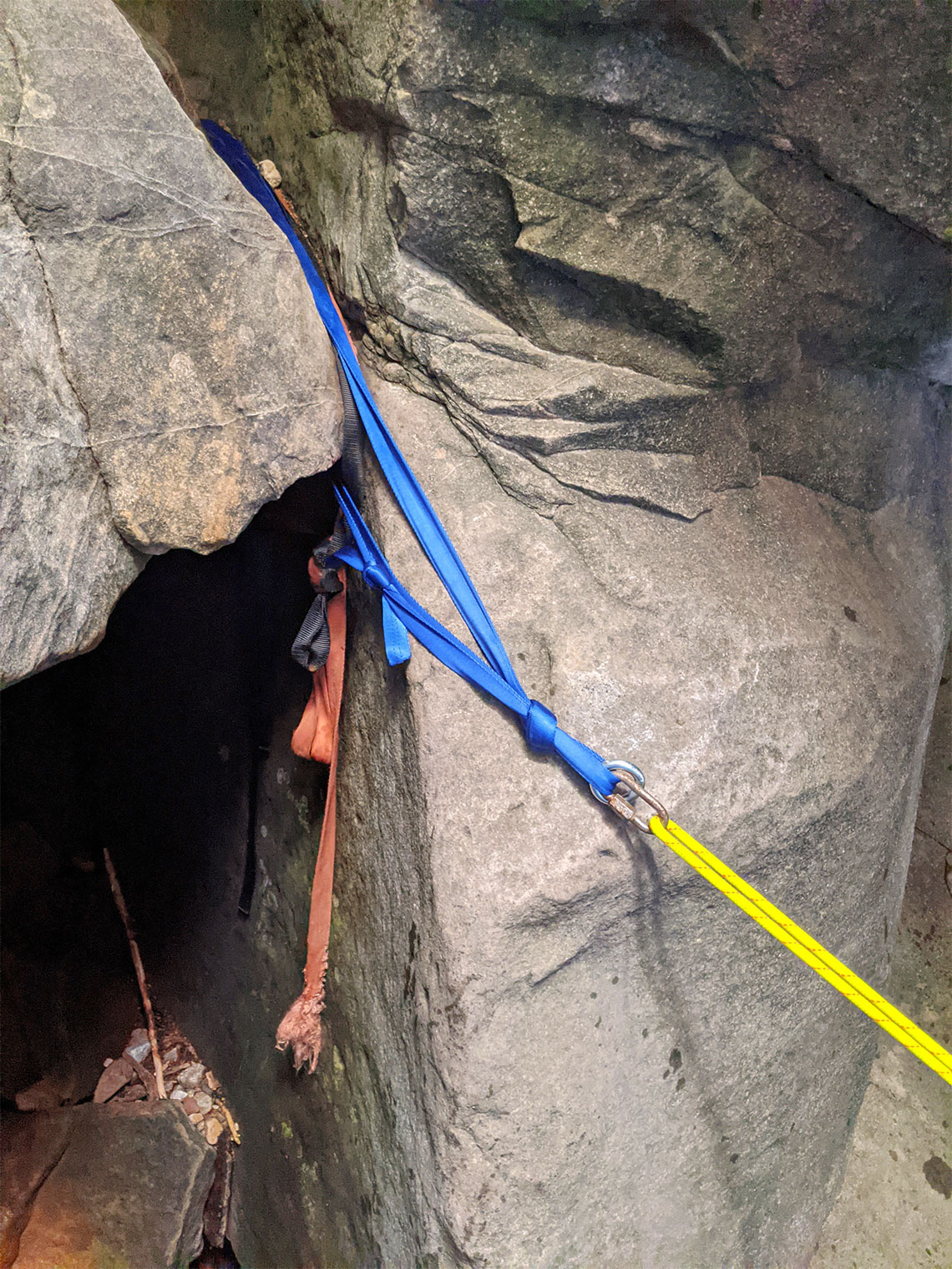 Webbing anchored in a pinch in Pleiades Canyon