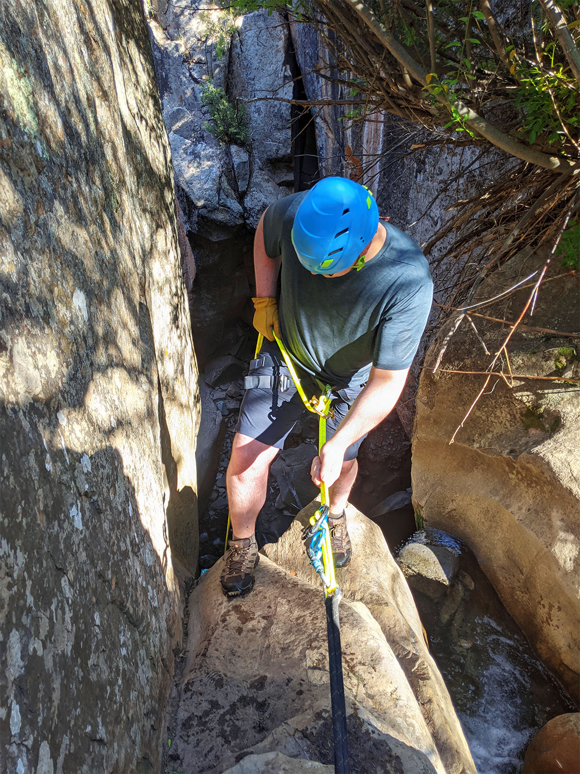 Starting rappel 2 in Pleiades Canyon