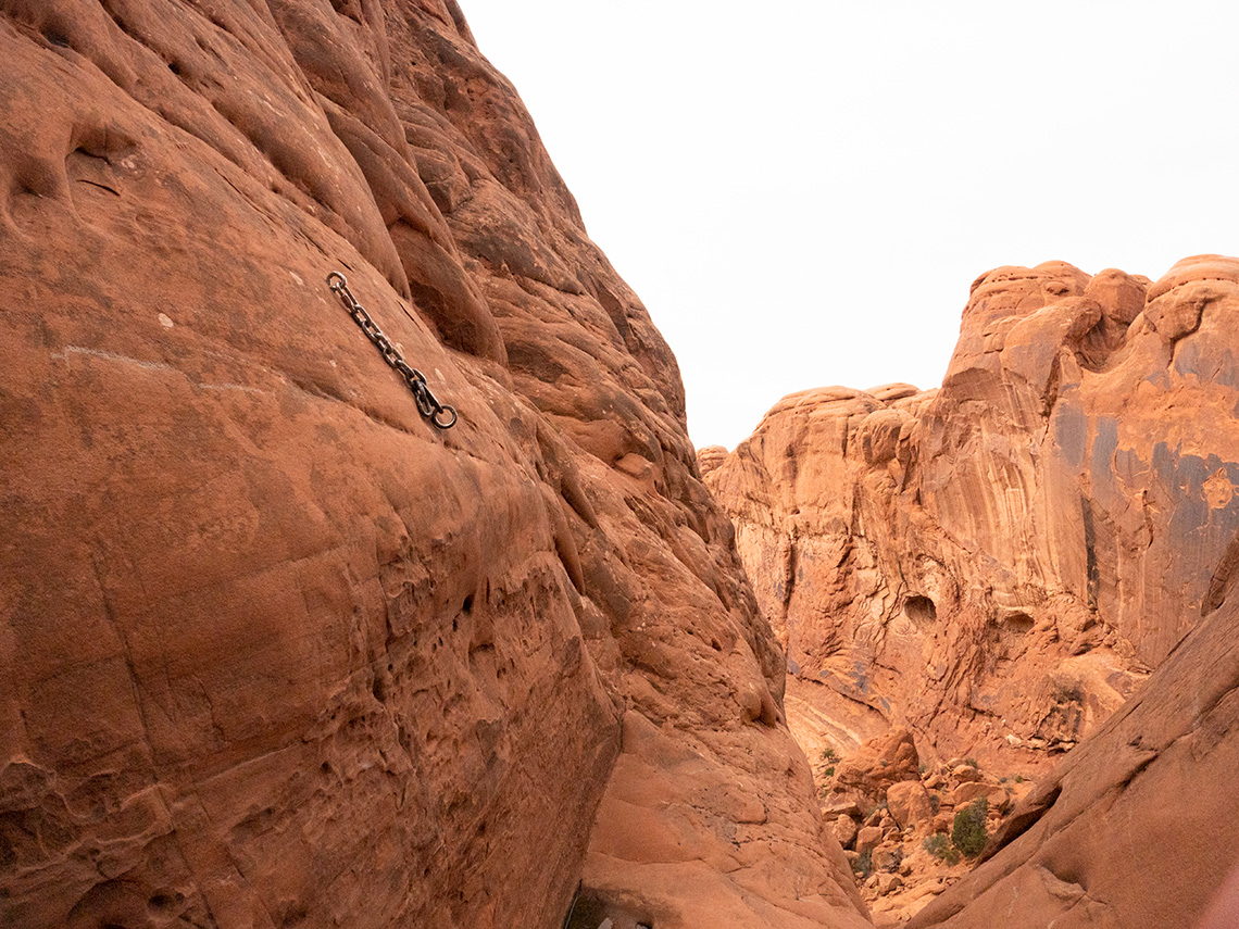 Anchor for 2nd rappel in Elephant Butte Canyon