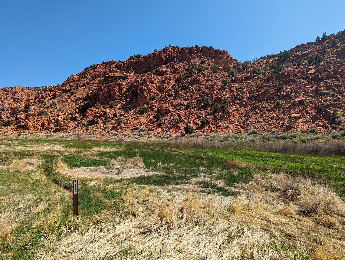 A trail marker designates the trail across the meadow on the Sunglow Canyon approach
