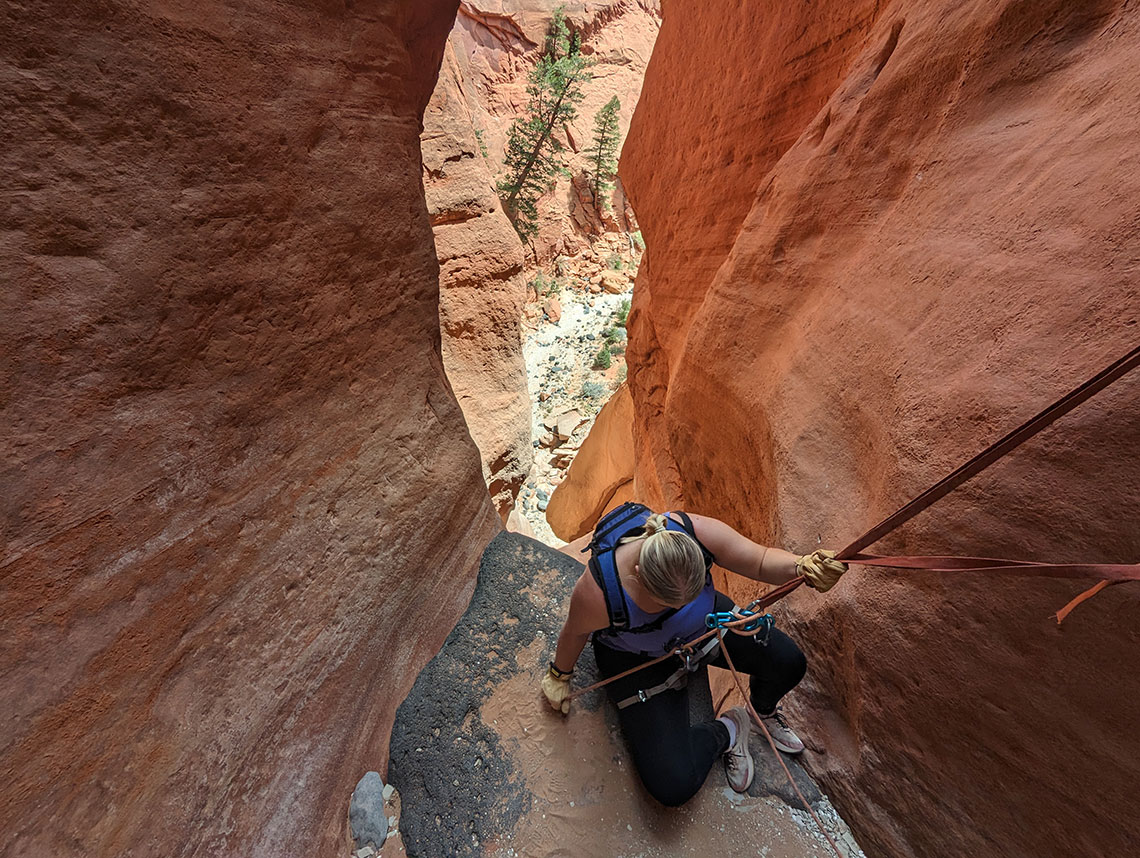 Preparing to start the fourth rappel in Sunglow Canyon