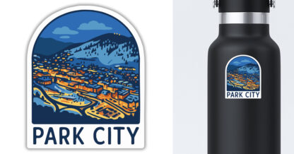 Park City sticker of the mountain resort, displayed on a water bottle