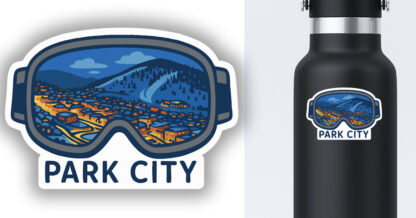 Park City sticker of ski goggles, displayed on a water bottle