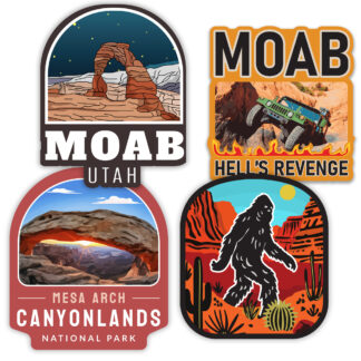 four stickers featuring moab and the outdoors