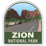Zion National Park sticker featuring a biker