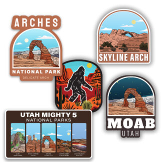 five stickers themed around Arches National Park