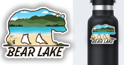 sticker of bear lake in the outline of a bear displayed on a water bottle