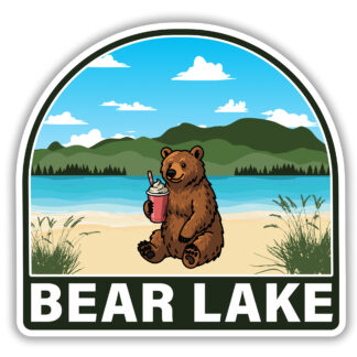 sticker of a bear with a raspberry shake at Bear Lake