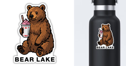 sticker of a Bear Lake shake bear displayed on a water bottle