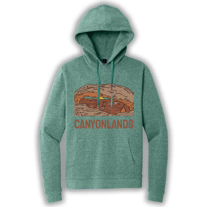 eucalyptus blue pullover hoodie with an image of Canyonlands National Park