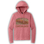 Red frost pullover hoodie with an image of Canyonlands National Park