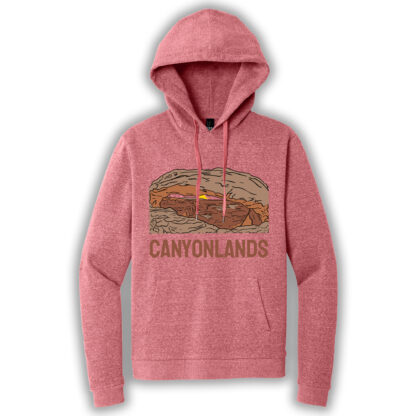 Red frost pullover hoodie with an image of Canyonlands National Park