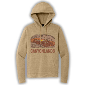 Tan pullover hoodie with an image of Canyonlands National Park