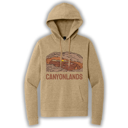 Tan pullover hoodie with an image of Canyonlands National Park