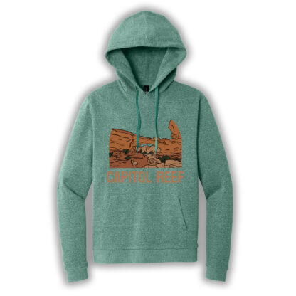 heathered eucalyptus blue pullover hoodie with Capitol Reef logo