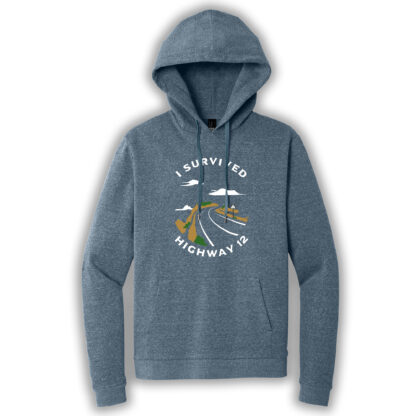 navy frost pullover hoodie with the words "I survived Highway 12"