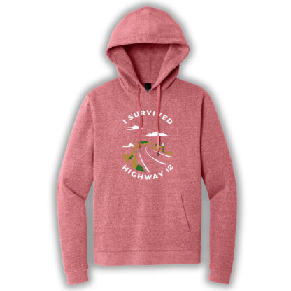 red frost pullover hoodie with the words "I survived Highway 12"