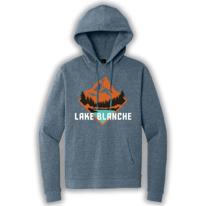 Navy frost pullover hoodie with an image of Lake Blanche