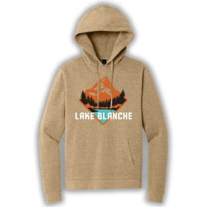 Tan pullover hoodie with an image of Lake Blanche
