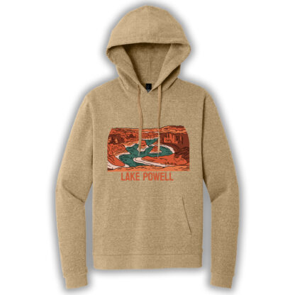 Tan pullover hoodie with an image of Lake Powell