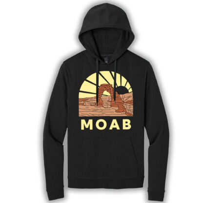 Black pullover hoodie with an image of Delicate Arch