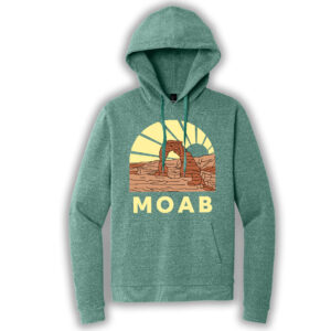 Eucalyptus blue pullover hoodie with an image of Delicate Arch