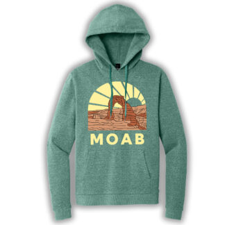 Eucalyptus blue pullover hoodie with an image of Delicate Arch