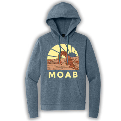 Navy frost pullover hoodie with an image of Delicate Arch