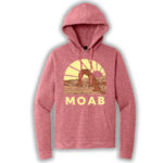 Red frost pullover hoodie with an image of Delicate Arch