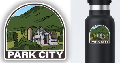 Park City white barn sticker displayed on a water bottle