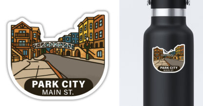 Park City Main Street sticker displayed on a water bottle