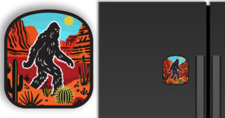 Sasquatch in the desert adventure magnet displayed on a refrigerator