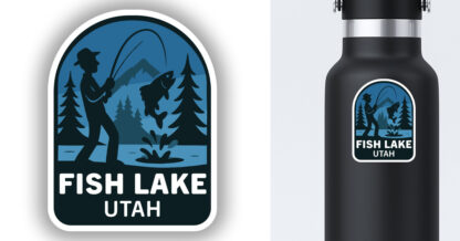 Fish Lake man sticker displayed on a water bottle