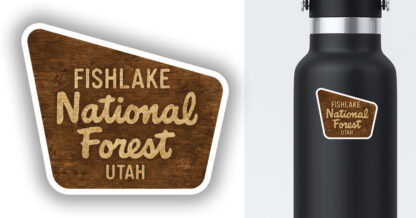 Fish Lake sign sticker displayed on a water bottle