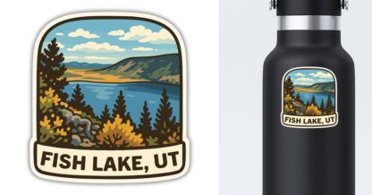 Fish Lake view sticker displayed on a water bottle