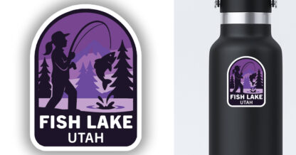 Fish Lake woman sticker displayed on a water bottle