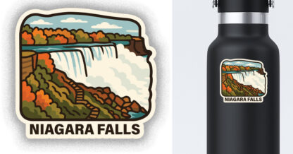 Niagara Falls sticker of the falls displayed on a water bottle