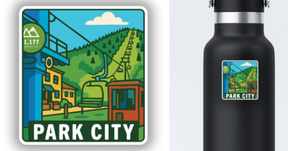 a sticker of the Town Lift at Park City, displayed on a water bottle
