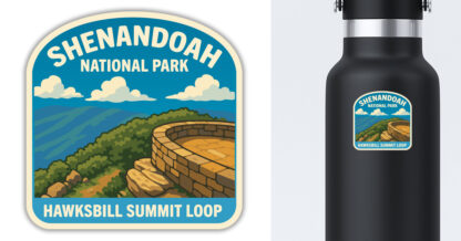 Sticker of Hawksbill Summit in Shenandoah National Park displayed on a water bottle