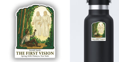 Sticker of the First Vision shown on a water bottle